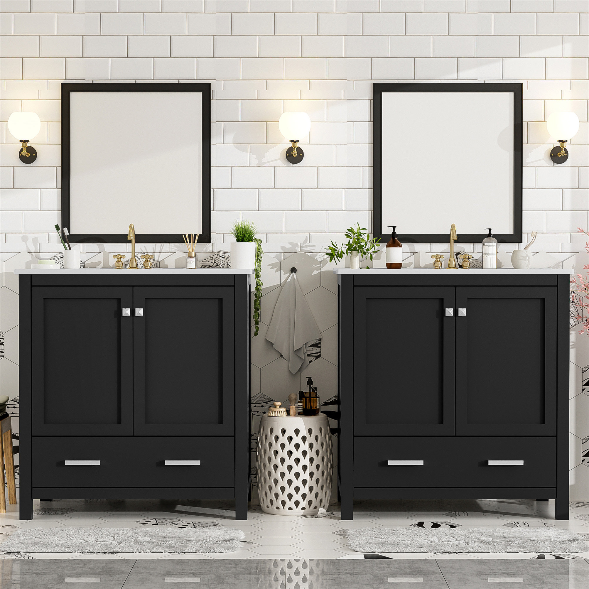 LOONGFIELD 60" Black Bathroom Vanity Set With Double Vanities , Double